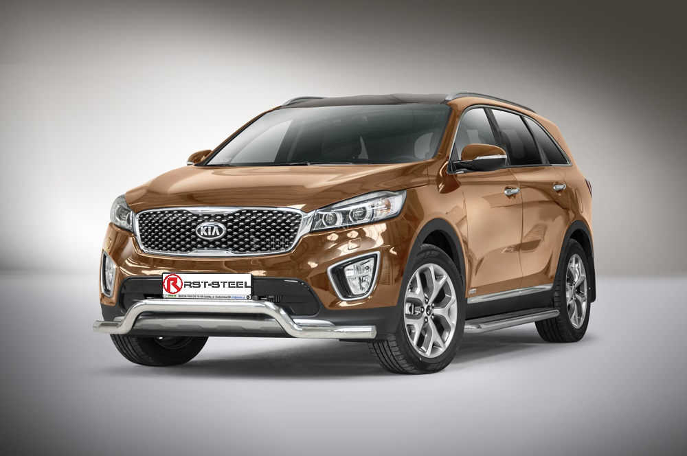 Kuvassa Etupuskurin suojaraudat Kia Sorento 2015-2018, Musta