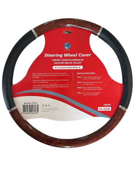 Mustan ja Jalopuun värinen ohjauspyörän suojus 44-46 cm halkaisijaltaan oleviin ohjauspyöriin.